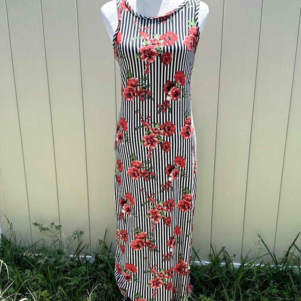 Discreet Black & White Striped Maxi Dress with Red Floral Print